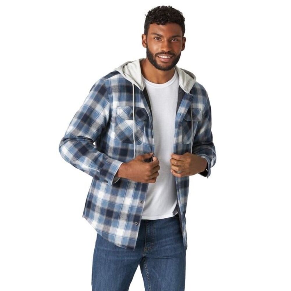 NWT Wrangler Long Sleeve Flannel Shirt Jacket Shacket Hooded Blue Plaid Men L